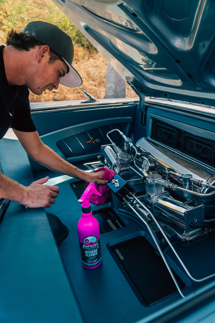 Bahama Interior Cleaner on a lowrider engine bay